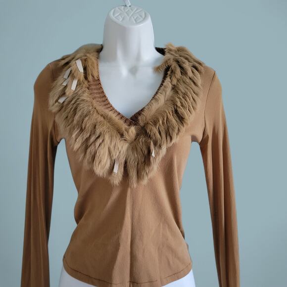 French Y2K Glam genuine Mongolian Fur Ribbed Knit Cardigan XS Heritage Old Money - Picture 2 of 13